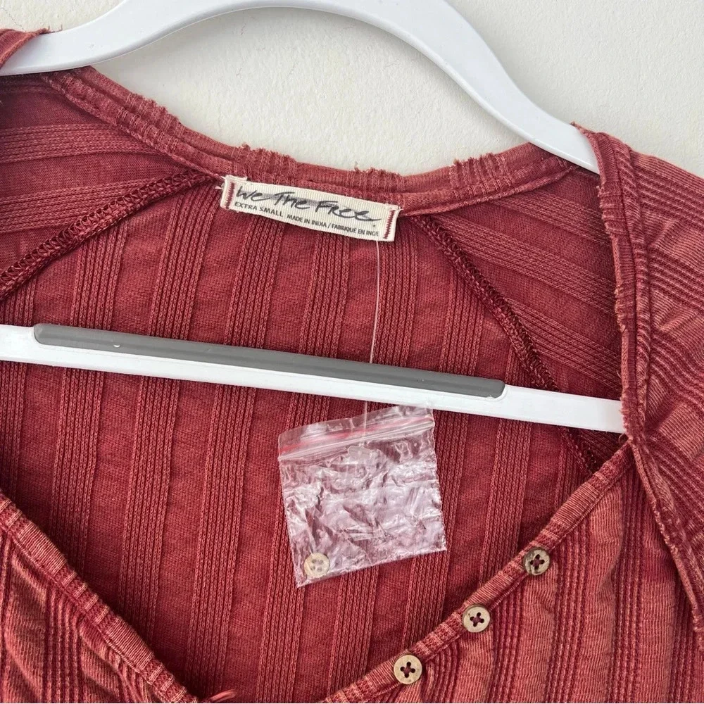 NEW Free People We the Free Wild Hearts Long Sleeve Button Ribbed Henley Rust